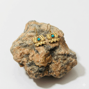 Handmade Brass Lotus Earrings with Turquoise Stone | Bohemian Indian Ethnic Jewelry | Vintage Gold Drop Earrings