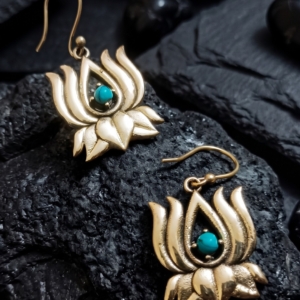 Handmade Brass Lotus Earrings with Turquoise Stone | Bohemian Indian Ethnic Jewelry | Vintage Gold Drop Earrings