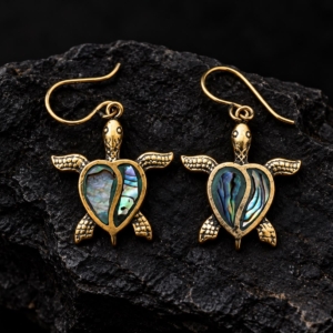 Sea Turtle Heart Earrings – Brass with Abalone Shell Inlay