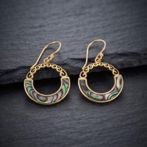 Gold Circle Drop Earrings – Brass with Abalone Shell Inlay and Spiral Detail