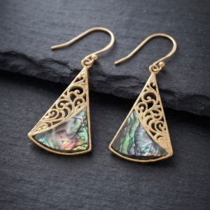 Fan Shaped Filigree Earrings – Gold Brass with Abalone Shell Inlay