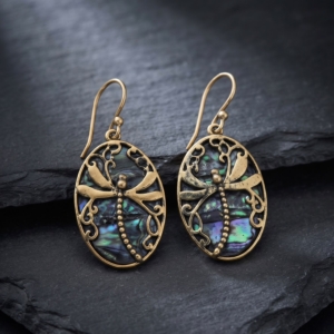 Dragonfly Oval Earrings – Antique Brass with Abalone Shell Inlay